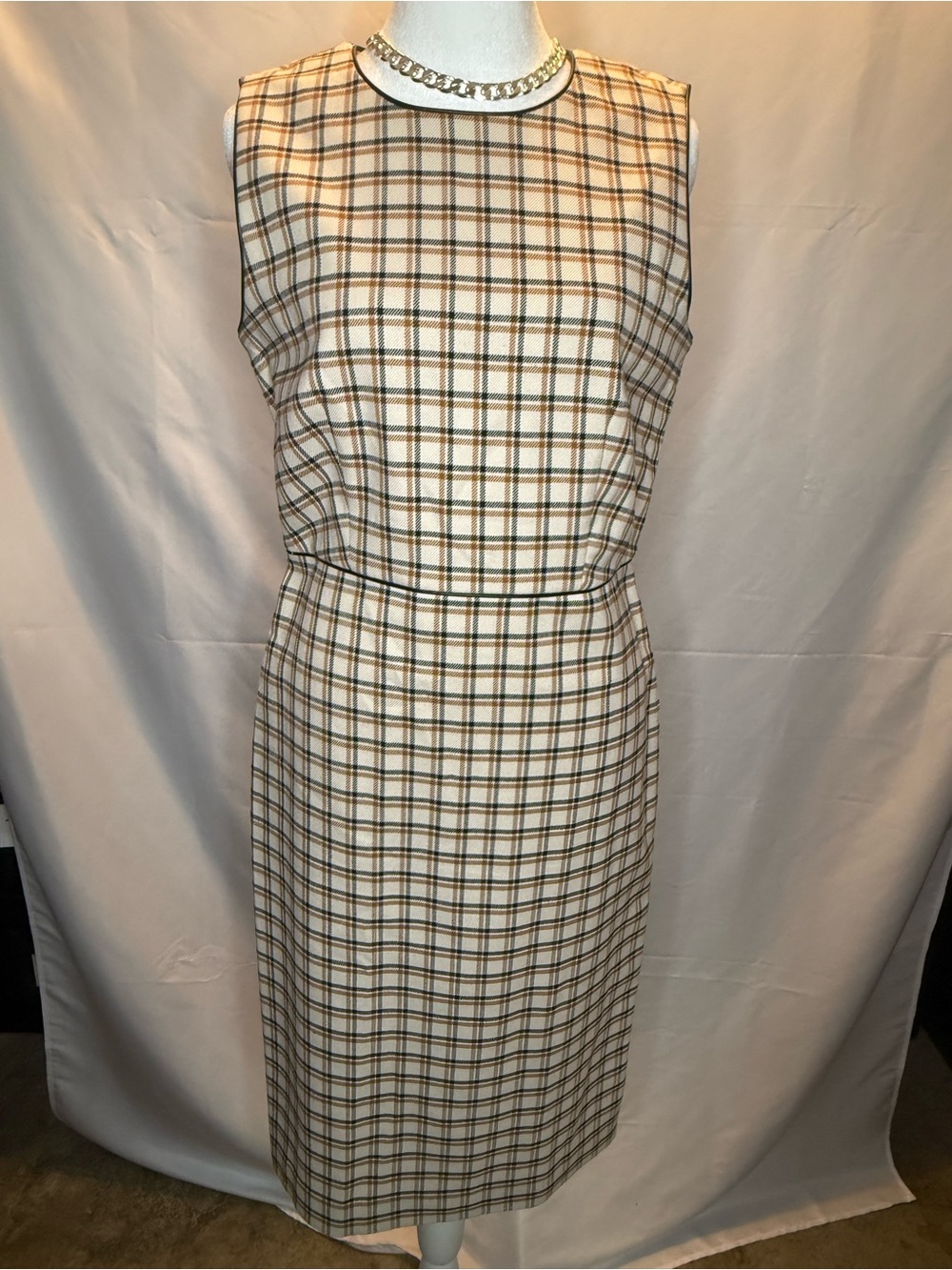 Ann Taylor Sleeveless Plaid Sheath Dress - Cream & Brown